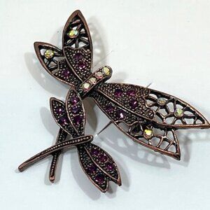 VTG Copper Purple/Pink Crystal Two Dragonflies Lapel Brooch Pin Jewelry 1.75"
